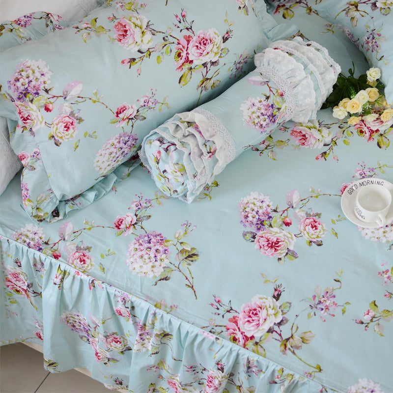 FADFAY Shabby Floarl Cotton Bedding Set Queen 4-Pieces Light Blue Hydrangea Print Duvet Cover Set with Bedskirt French Country Style with Ruffle -1 Duvet Cover, 1 Bedskirt, 2 Pillowshams - Image 4
